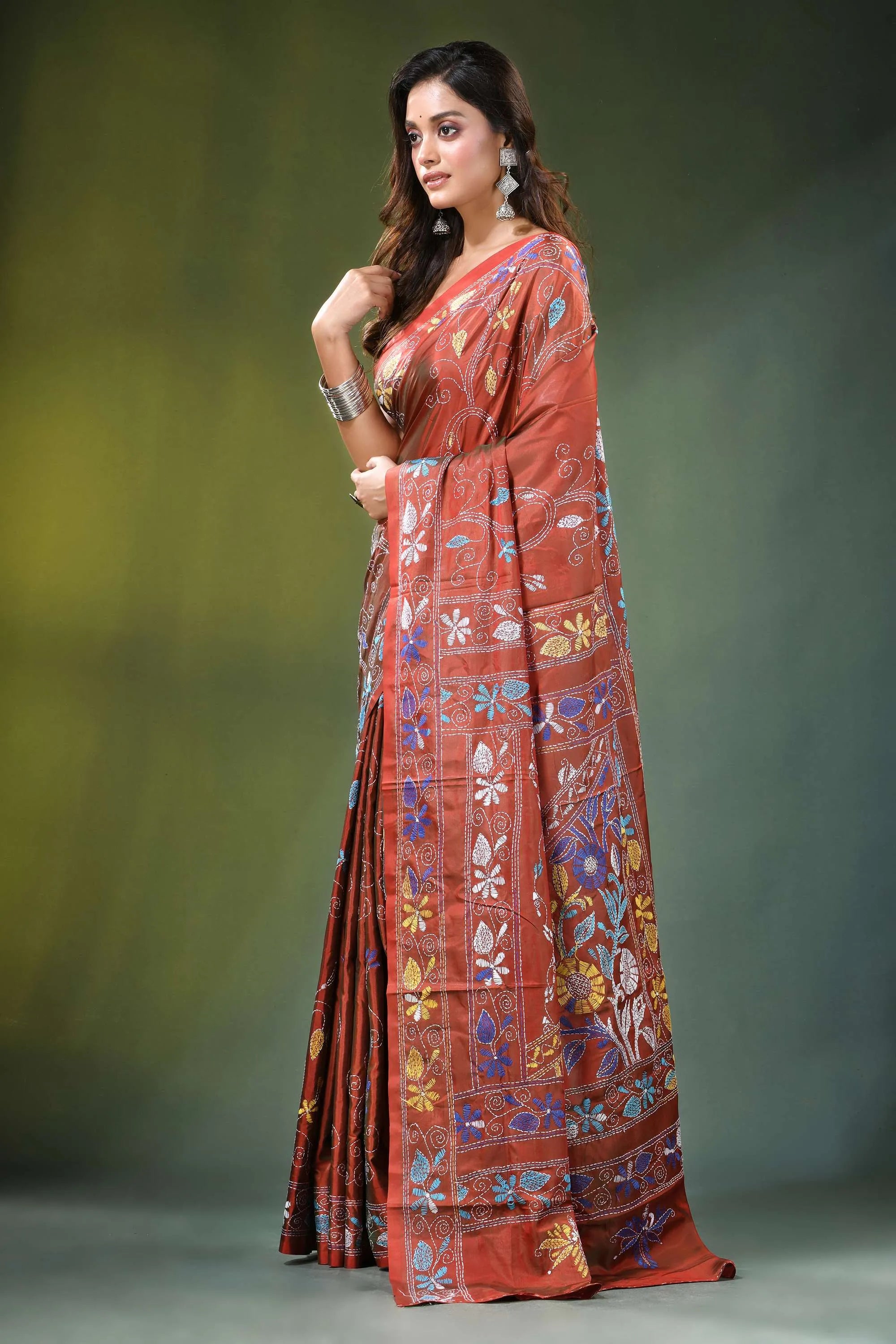 Hand embroidered rust brown floral motif silk kantha saree rich rust-colored intricate 3