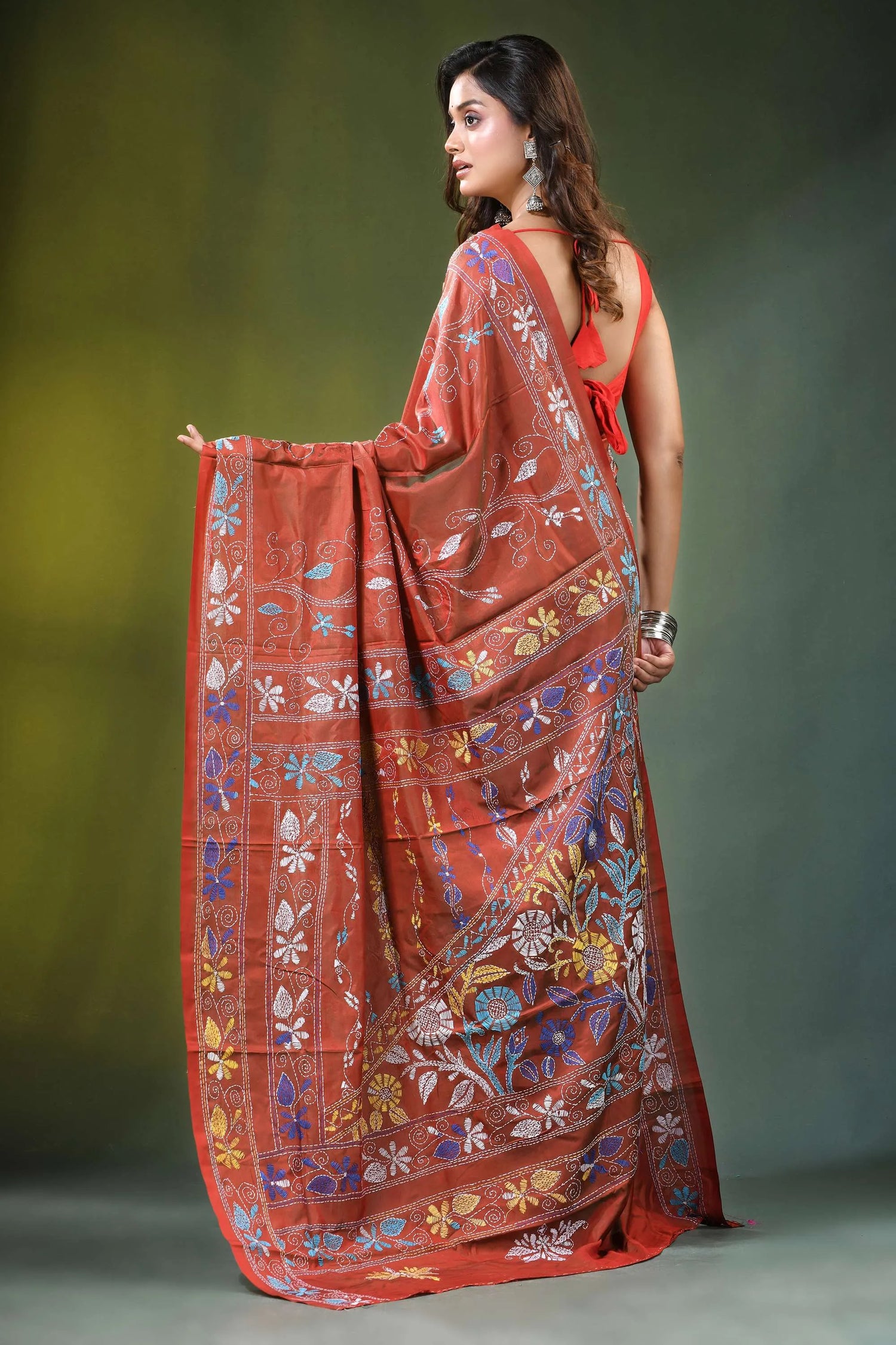 Hand embroidered rust brown floral motif silk kantha saree rich terracotta-colored adorned 5