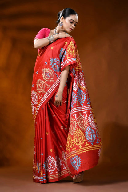 Hand embroidered scarlet red silk kutch work saree - paisley motifs 4