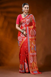 Hand embroidered scarlet red silk kutch work saree - paisley motifs 1