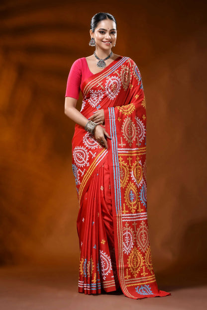 Hand embroidered scarlet red silk kutch work saree - paisley motifs 1
