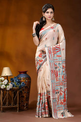 Hand embroidered village theme silk kantha stitch saree in beige woman wears cream-colored silk saree 6