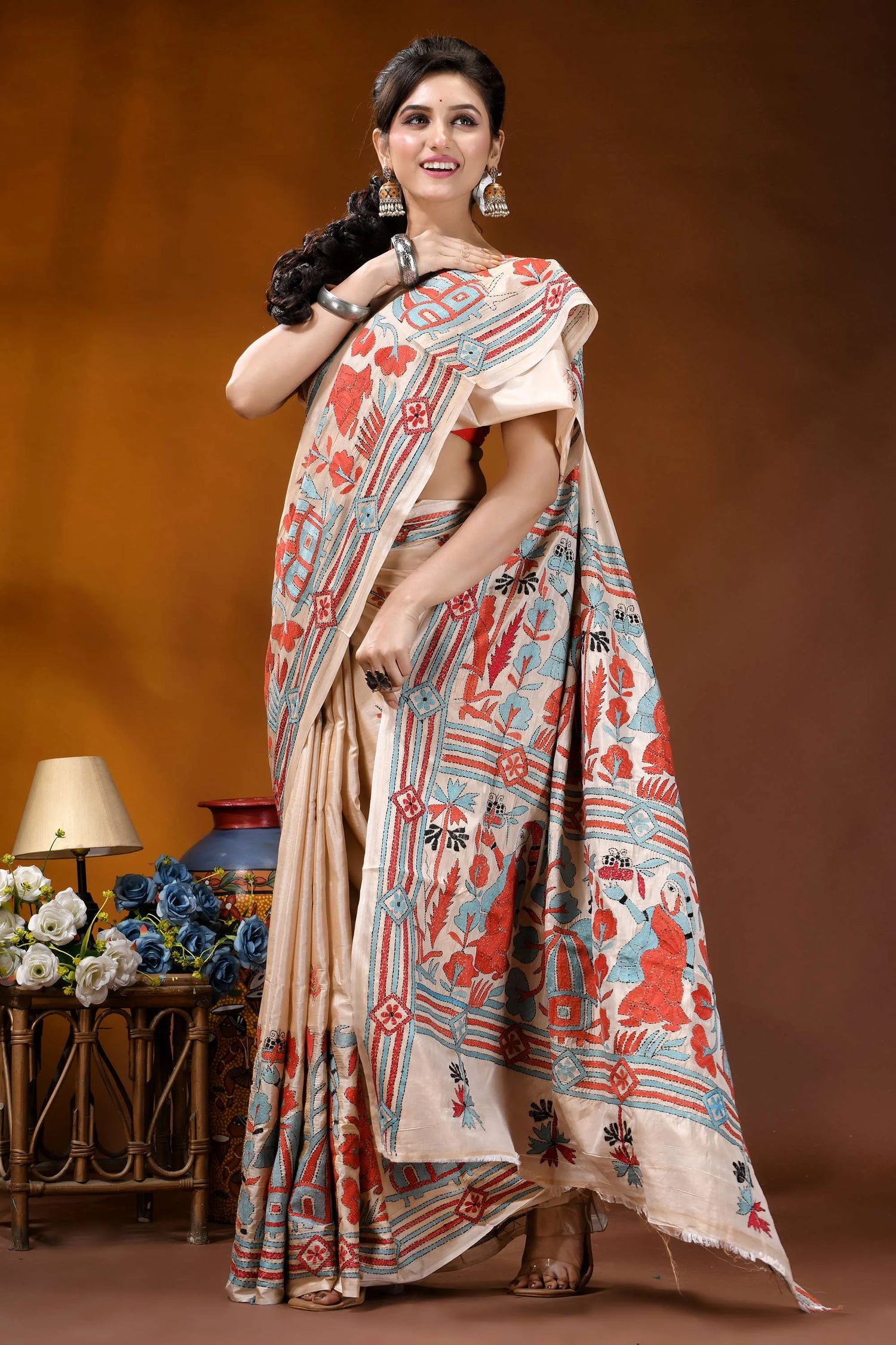 Hand embroidered village theme silk kantha stitch saree in beige beige saree vibrant red blue 4