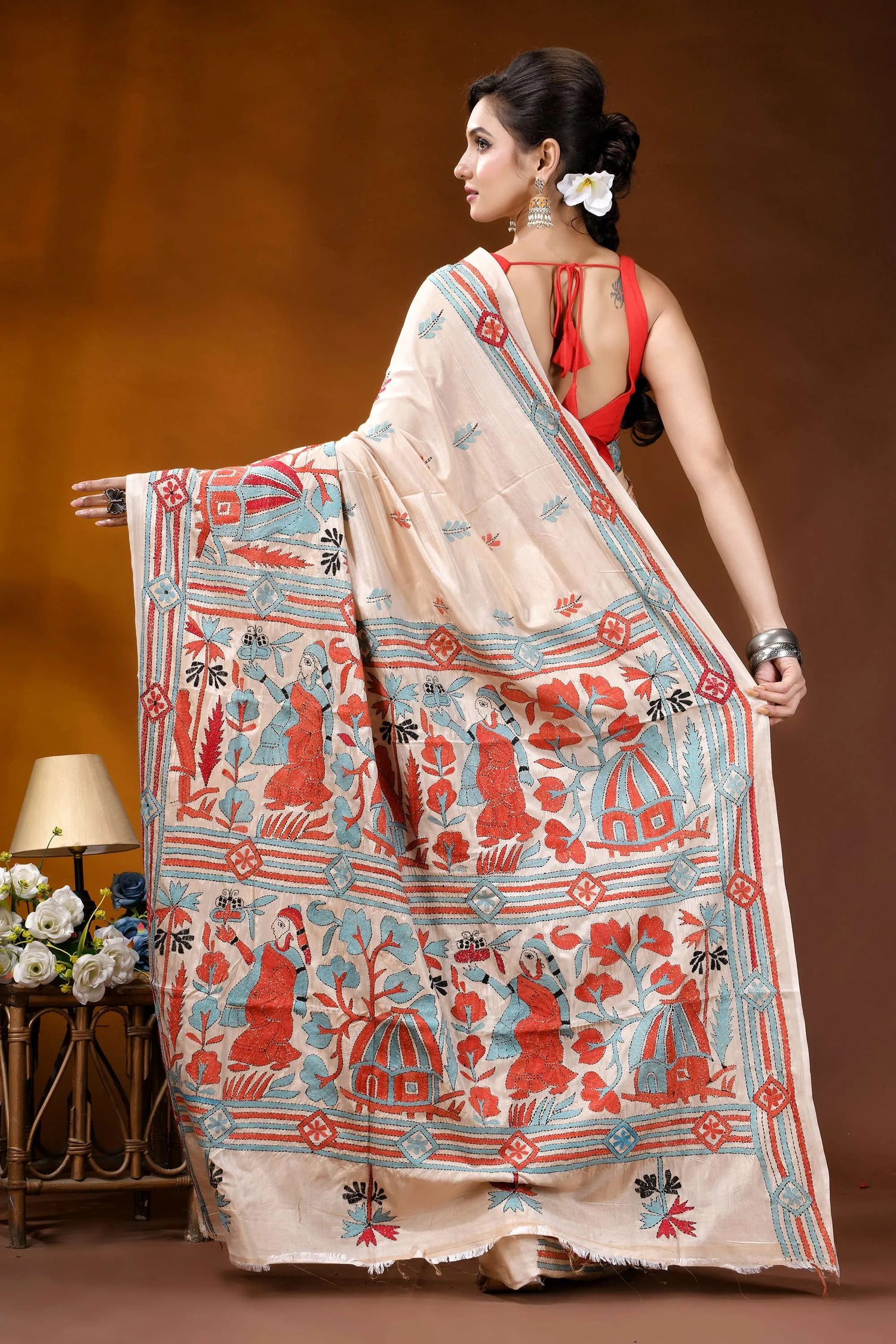 Hand embroidered village theme silk kantha stitch saree in beige beige silk saree intricate red 5