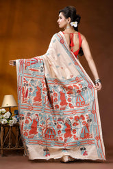 Hand embroidered village theme silk kantha stitch saree in beige beige silk saree intricate red 5