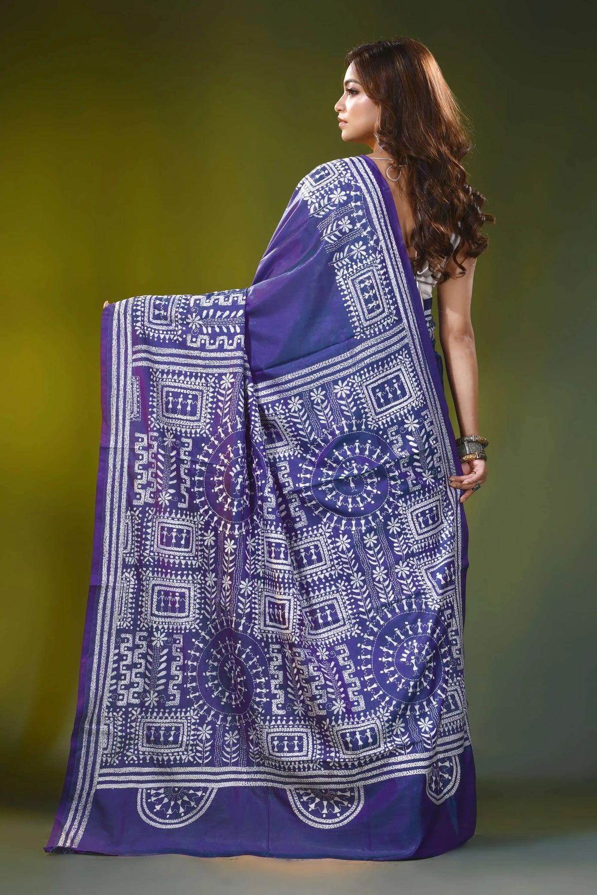 Hand embroidered warli design nile blue silk kantha stitch saree 5