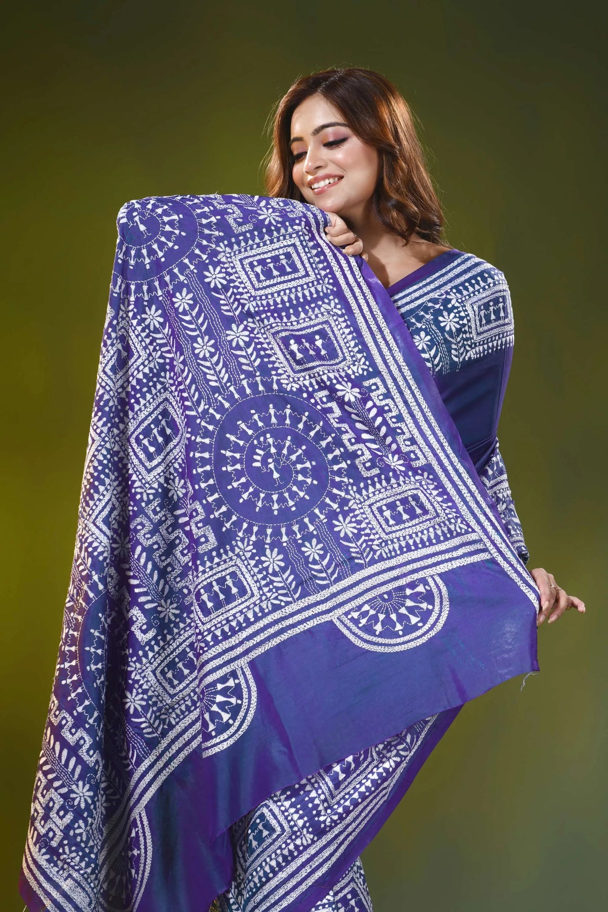 Hand embroidered warli design nile blue silk kantha stitch saree 2