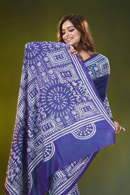 Hand embroidered warli design nile blue silk kantha stitch saree 2
