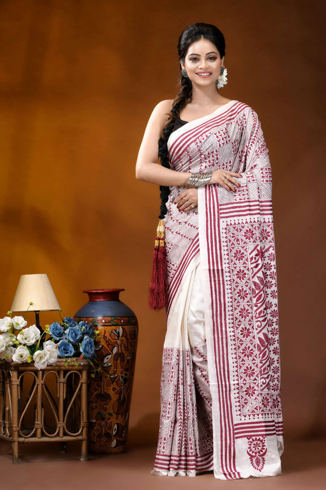 Hand embroidered white maroon floral design kantha silk saree woman wears white maroon printed 1