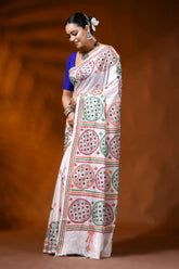 Hand embroidered white silk kutch work saree with ethnic circle design 3
