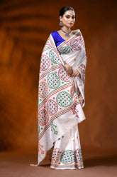 Hand embroidered white silk kutch work saree with ethnic circle design 5