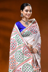 Hand embroidered white silk kutch work saree with ethnic circle design 2
