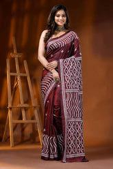 Hand embroidered wine kutch work saree in silk ethnic design 1