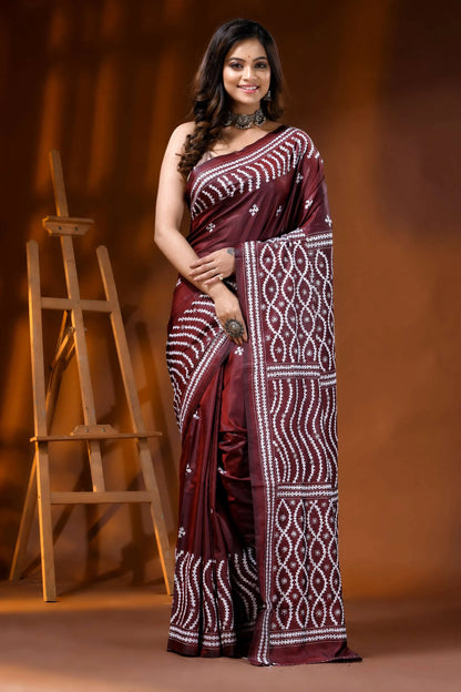 Hand embroidered wine kutch work saree in silk ethnic design 1