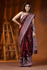 Hand embroidered wine kutch work saree in silk ethnic design 5