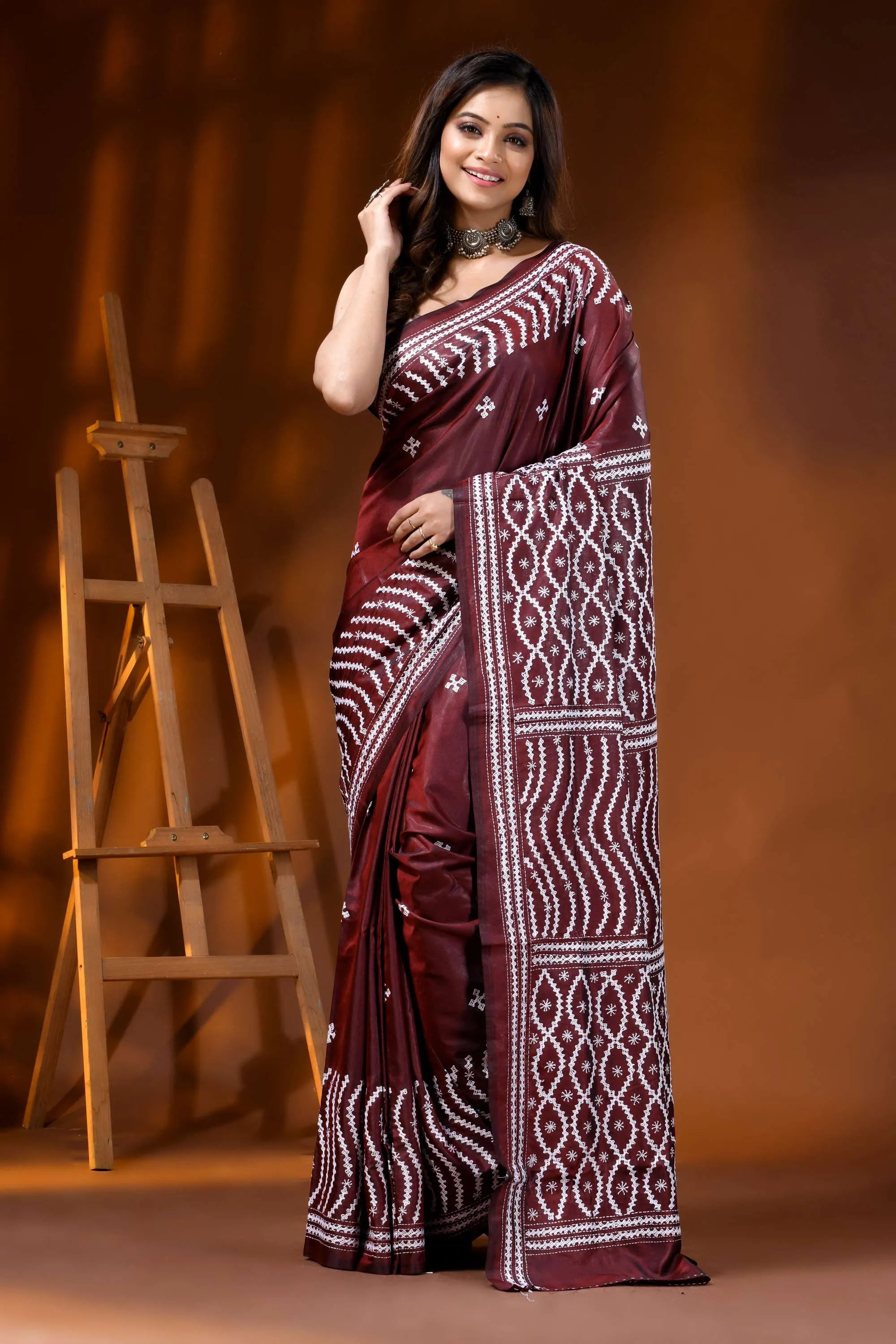 Hand embroidered wine kutch work saree in silk ethnic design 6