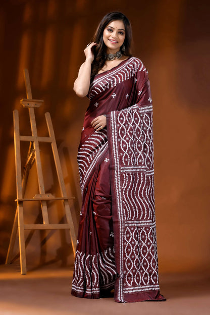 Hand embroidered wine kutch work saree in silk ethnic design 6