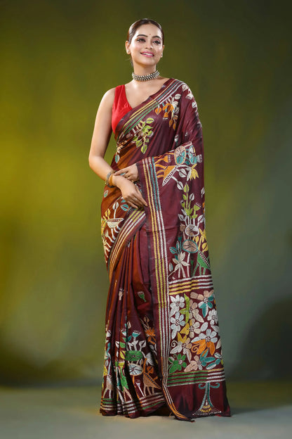 Hand embroidered wine silk kantha saree with floral nature design 7