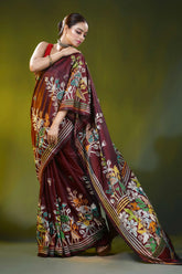 Hand embroidered wine silk kantha saree with floral nature design 4