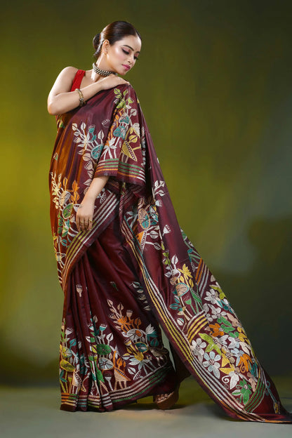 Hand embroidered wine silk kantha saree with floral nature design 4