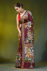 Hand embroidered wine silk kantha saree with floral nature design 3