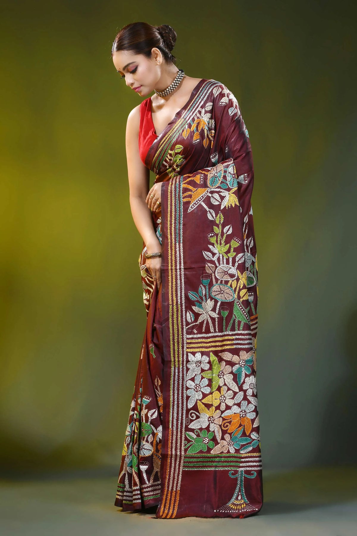 Hand embroidered wine silk kantha saree with floral nature design 3
