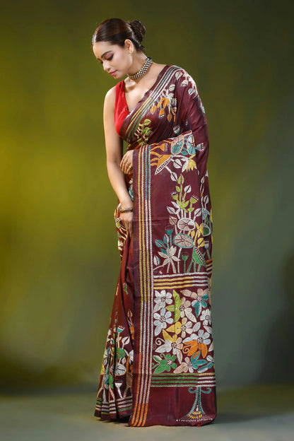 Hand embroidered wine silk kantha saree with floral nature design 3
