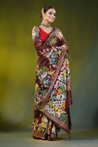Hand embroidered wine silk kantha saree with floral nature design 6