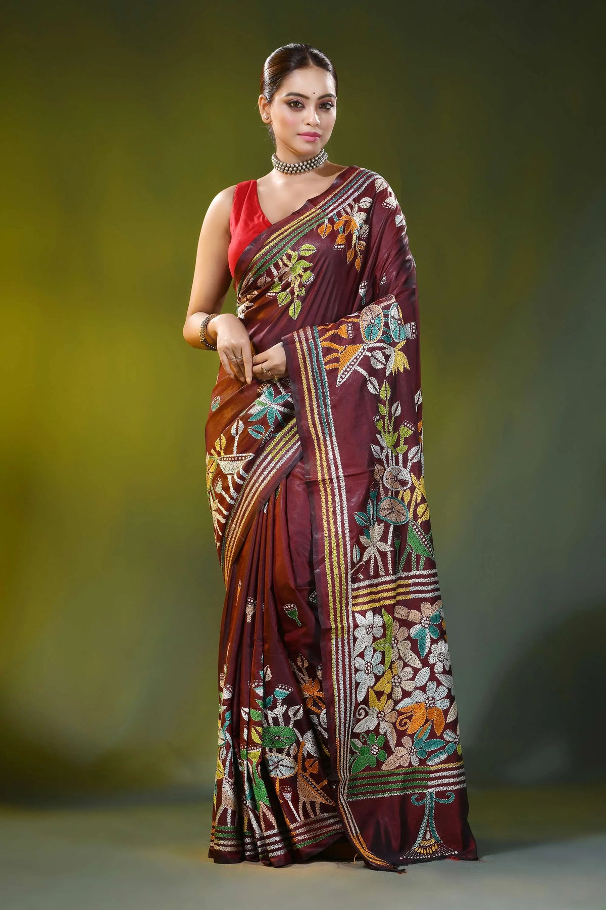 Hand embroidered wine silk kantha saree with floral nature design 1