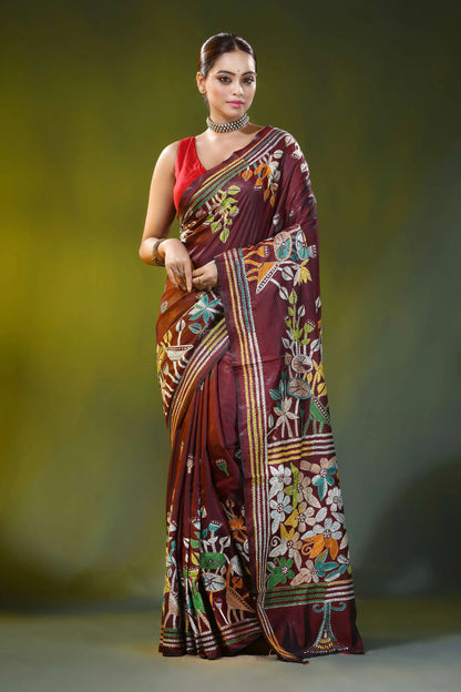 Hand embroidered wine silk kantha saree with floral nature design 1