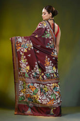 Hand embroidered wine silk kantha saree with floral nature design 5