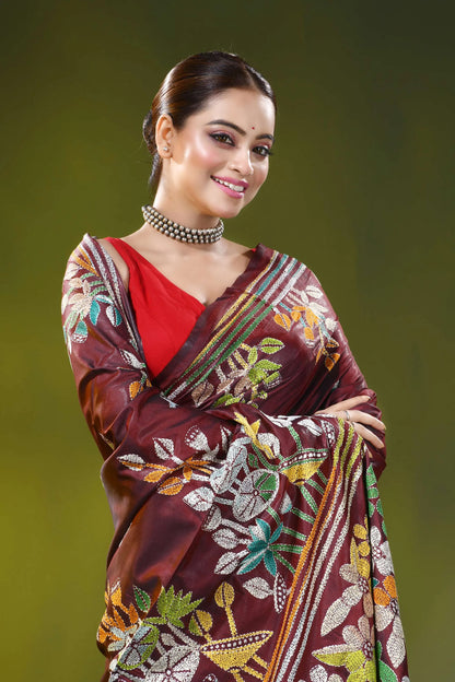 Hand embroidered wine silk kantha saree with floral nature design 2