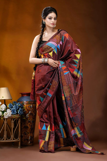 Hand embroidered wine silk kantha saree with multicolor geometric patchwork design maroon silk saree vibrant geometric 4