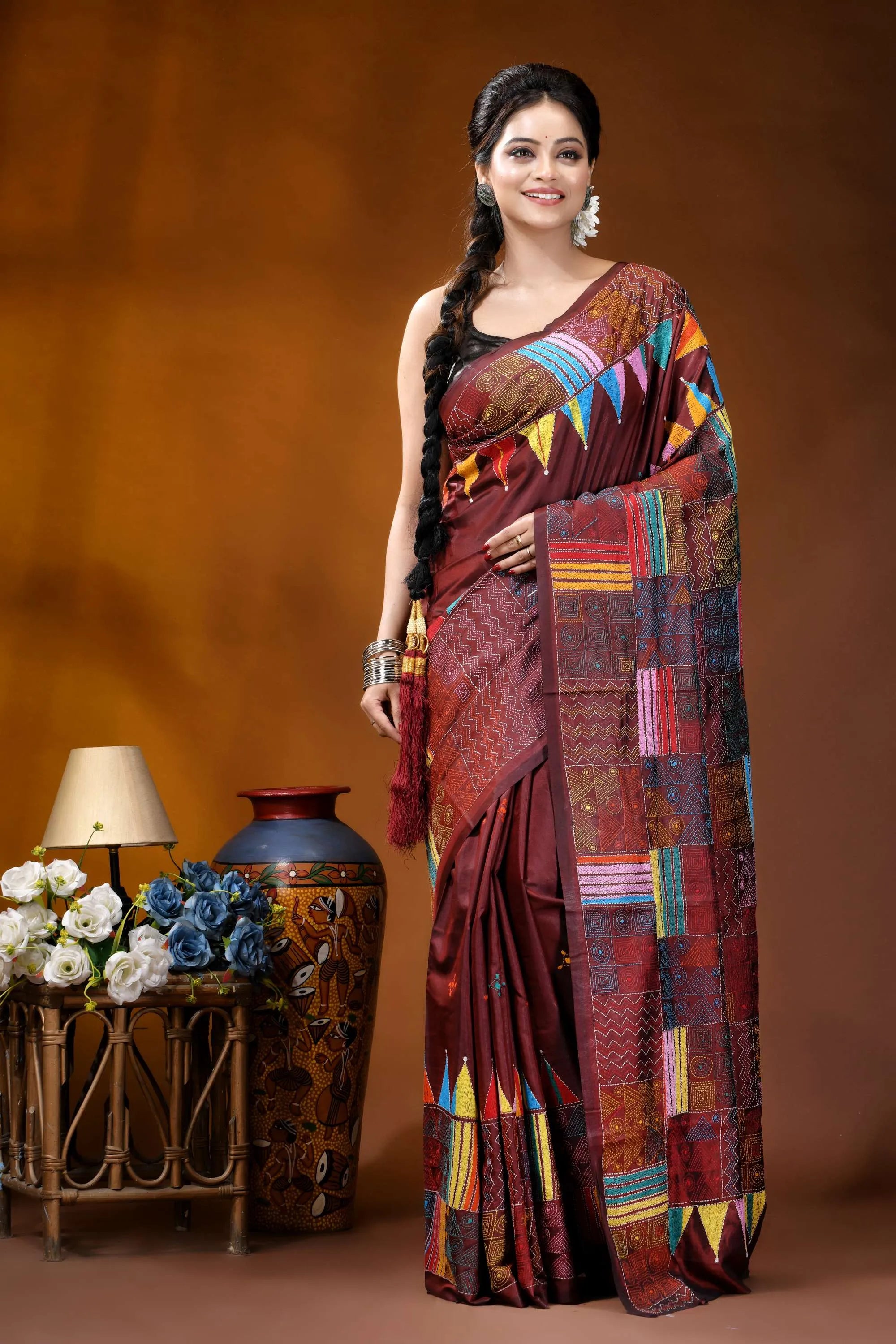 Hand embroidered wine silk kantha saree with multicolor geometric patchwork design maroon saree vibrant geometric