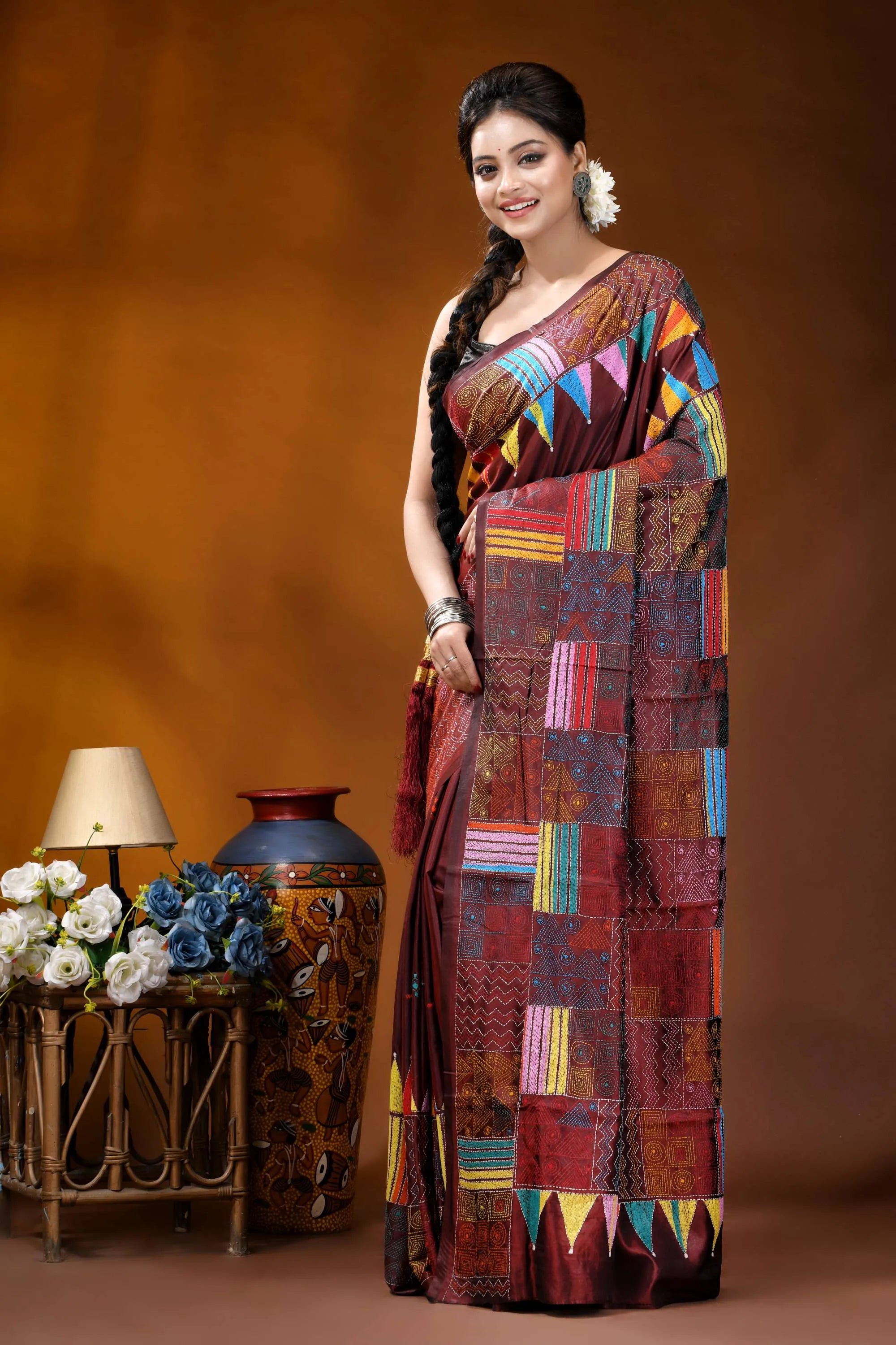 Hand embroidered wine silk kantha saree with multicolor geometric patchwork design woman wears maroon patchwork saree 3