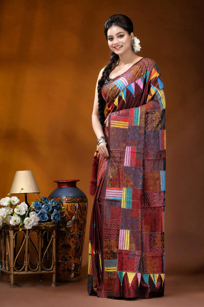 Hand embroidered wine silk kantha saree with multicolor geometric patchwork design woman wears maroon patchwork saree 3