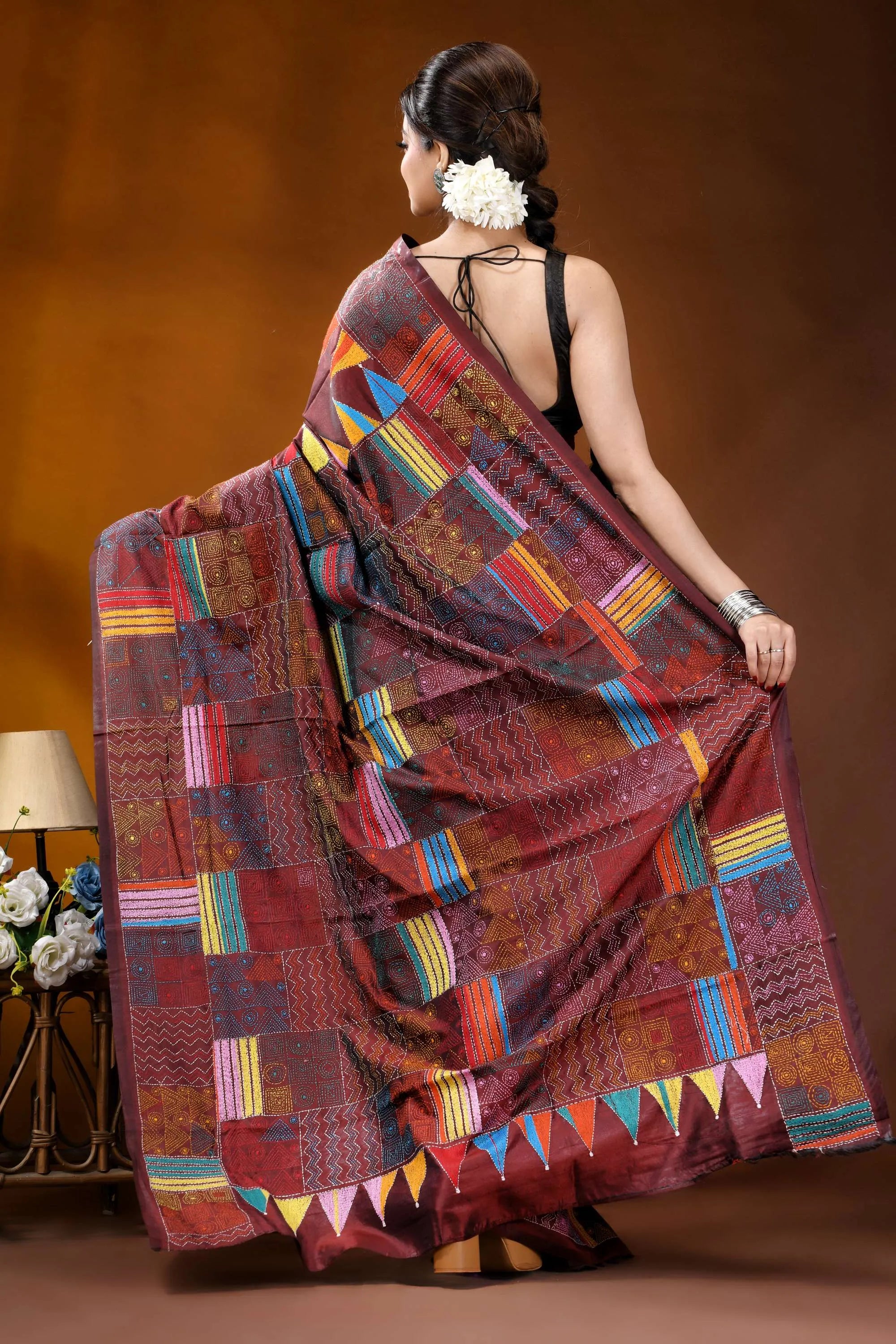 Hand embroidered wine silk kantha saree with multicolor geometric patchwork design maroon patchwork saree colorful