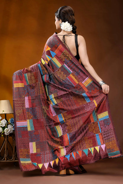 Hand embroidered wine silk kantha saree with multicolor geometric patchwork design maroon patchwork saree colorful