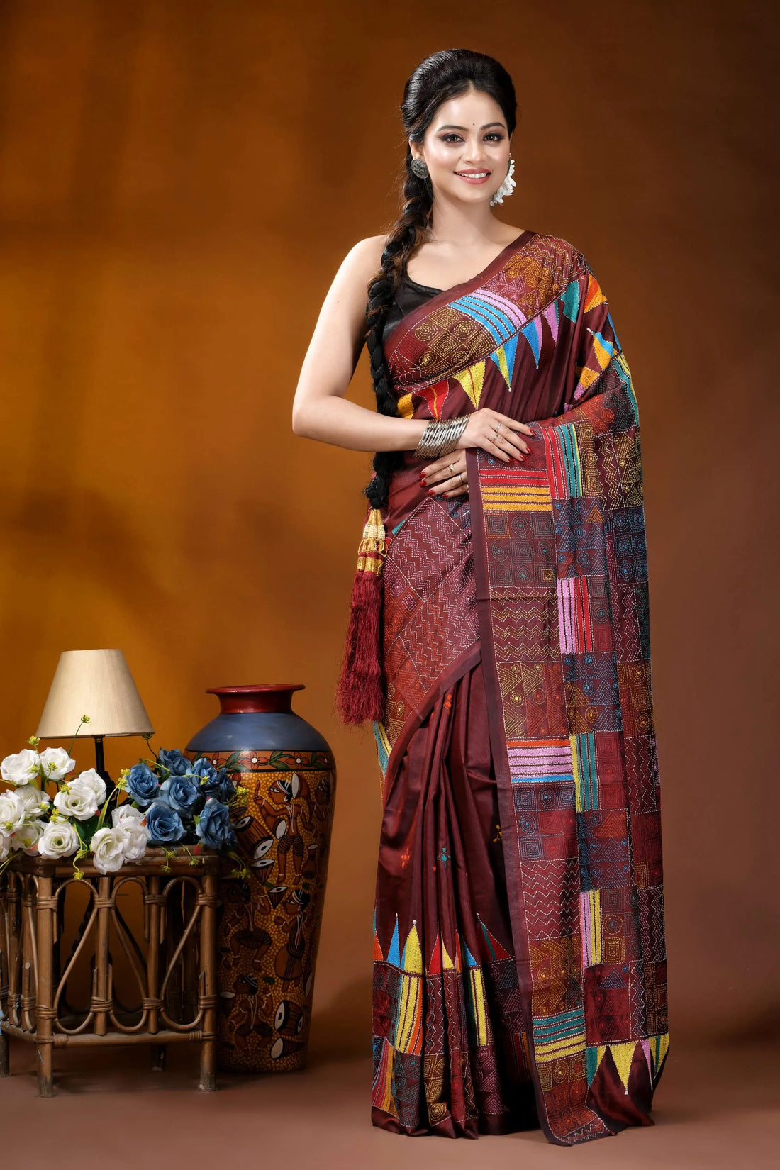 Hand embroidered wine silk kantha saree with multicolor geometric patchwork design maroon multicolored
