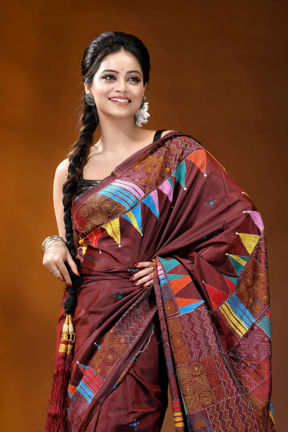 Hand embroidered wine silk kantha saree with multicolor geometric patchwork design maroon silk saree adorned vibrant 2