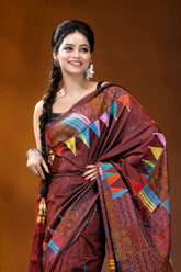 Hand embroidered wine silk kantha saree with multicolor geometric patchwork design maroon silk saree adorned vibrant 2