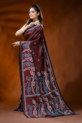 Hand embroidered wine silk kutch work saree with leafy floral design 3