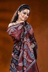 Hand embroidered wine silk kutch work saree with leafy floral design 2