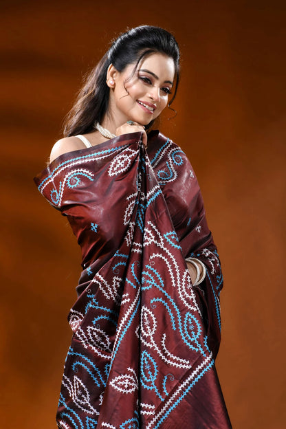 Hand embroidered wine silk kutch work saree with leafy floral design 2
