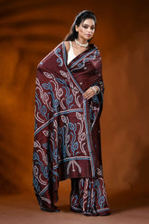 Hand embroidered wine silk kutch work saree with leafy floral design 4