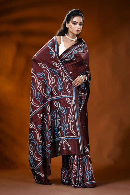 Hand embroidered wine silk kutch work saree with leafy floral design 4