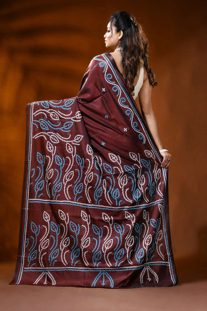 Hand embroidered wine silk kutch work saree with leafy floral design 5