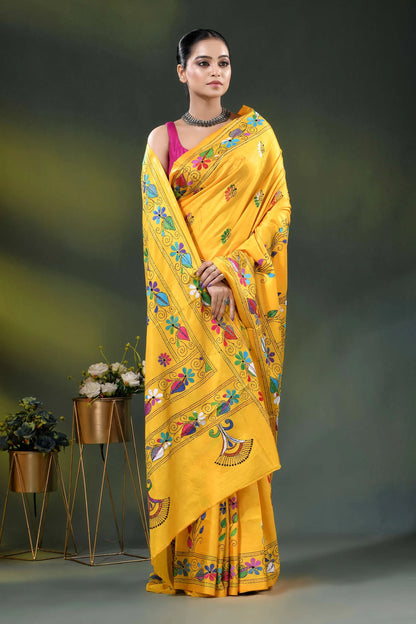 Hand embroidered yellow floral kantha work saree in soft silk 4