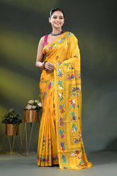 Hand embroidered yellow floral kantha work saree in soft silk 6