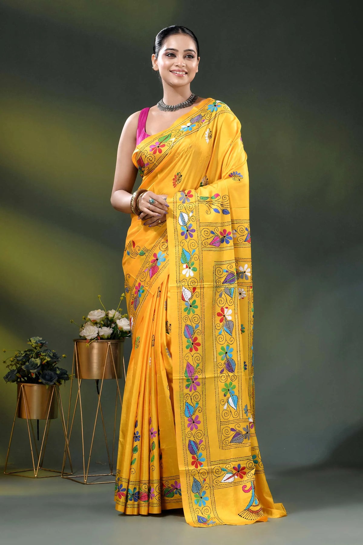 Hand embroidered yellow floral kantha work saree in soft silk 6